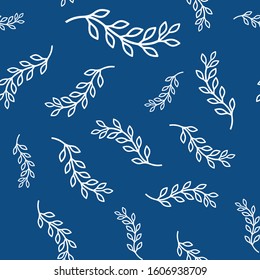 Pattern white branches with leaves on a blue background, stock vector illustration for design and decoration, wrapping paper, fabrics, cards, decoupage, scrubbing, summer theme in the style of boho