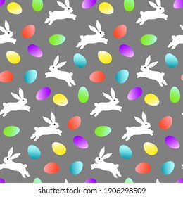 Pattern with white bunnies and Easter eggs. Easter story on a gray background for the decorations, wrapping paper, textile, and scrapbooking. Vector illustration.