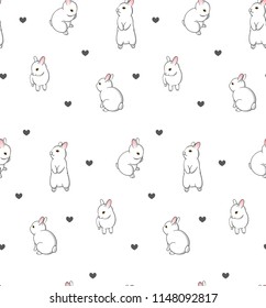 Pattern with white bunnies and hearts illustration on white background. Cute baby rabbits textile design. - Vector