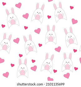pattern with white bunny. pattern for valentine's day. drawing for textiles. vector illustration, eps 10.