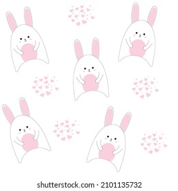 pattern with white bunny. pattern for valentine's day. drawing for textiles. vector illustration, eps 10.
