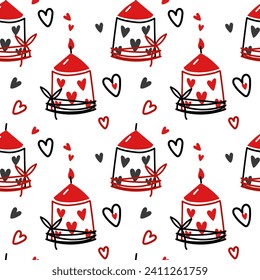 El patrón es una vela blanca ardiente con corazones pintados. Amor, romance. Ilustración de repetición de vector plano sin inconvenientes. Una vela ardiente con corazones como decoración. Día de San Valentín, vela de cera roja, negra