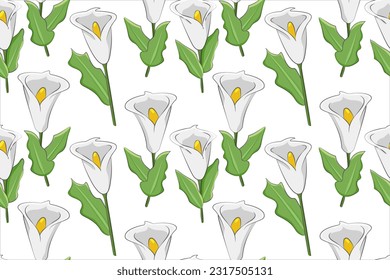 Patrón de callas blancas. Flores blancas sobre un tallo con hojas verdes sobre un fondo blanco. Un ramo exótico para una boda. Cebollas. Patrón sin foco. Envuelto. Mano pintada de color. Ilustración vectorial.