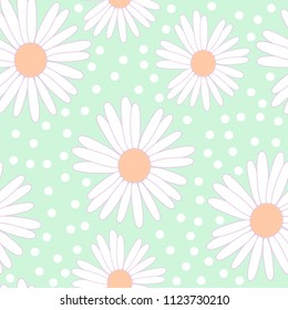 Pattern of white camomiles and circles on a green background