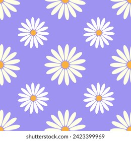 Pattern of white chamomile and daisies on lavender purple background.