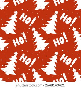 Pattern with white Christmas trees and cheerful phrases on red festive holiday background. Vector illustration