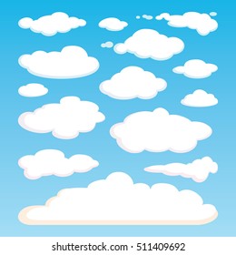 Pattern of white clouds isolated on blue sky background. Set of realistic clouds of different shapes. Great collection of cloudscape elements. Heaven pattern. Meteorology. Vector design illustration