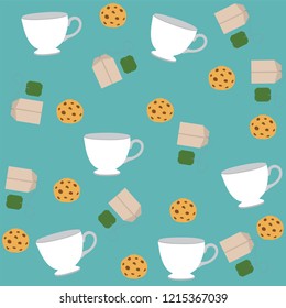 Pattern with white cups, chocolate chip cookies and teabags in blue background.
