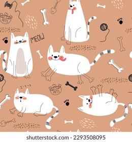 С patrón de colinas con lindos gatos blancos, los niños imprimen. Mascotas fondo sin fisuras, textura vectorial linda para los niños, tela, papel de pared, papel de envoltura, textil, estampado de camisetas