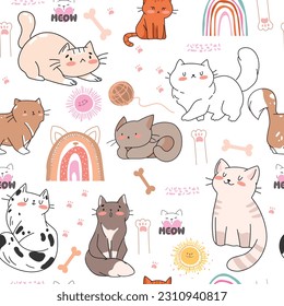 Сhildish pattern with white cute cats, rainbows, bones, sun, paws kids print. Pets seamless background, cute vector texture for kids , fabric, wallpaper, wrapping paper, textile, t-shirt print