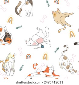 Сhildish pattern with white cute cats, rainbows, bones,  kids print. Pets seamless background, cute vector texture for kids , fabric, wallpaper, wrapping paper, textile, t-shirt print