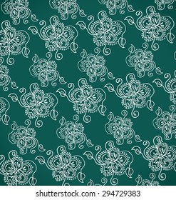  Pattern from white decorative flowers on a dark green background