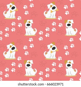 Pattern with white dogs and traces of dog paws. vector illustration in funny style.