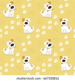 Pattern with white dogs and traces of dog paws. vector illustration in funny style.