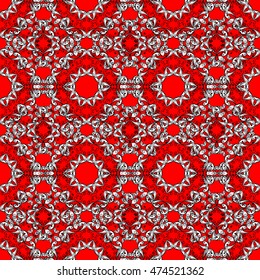 Pattern with white doodles and mandala flowers on red background. Vector illustration.