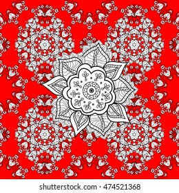 Pattern with white doodles and mandala flowers on red background. Vector illustration.