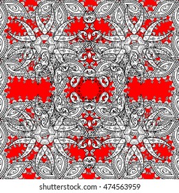 Pattern with white doodles and mandala flowers on red background. Vector illustration.