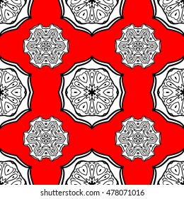 Pattern with white doodles and mandala flowers on red background. Vector illustration.