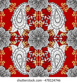 Pattern with white doodles and mandala flowers on red background. Vector illustration.