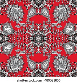 Pattern with white doodles and mandala flowers on red background. Vector illustration.