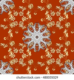 Pattern with white doodles and mandala flowers on red background. Vector illustration.