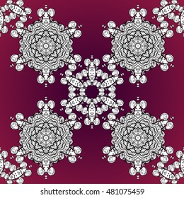 Pattern with white doodles and mandala flowers on dark red background. Vector illustration.