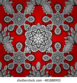 Pattern with white doodles and mandala flowers on red background. Vector illustration.