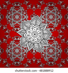 Pattern with white doodles and mandala flowers on red background. Vector illustration.