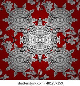 Pattern with white doodles and mandala flowers on red background. Vector illustration.