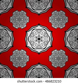Pattern with white doodles and mandala flowers on red background. Vector illustration.