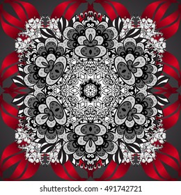 Pattern with white doodles and mandala flowers on red background. Vector illustration.