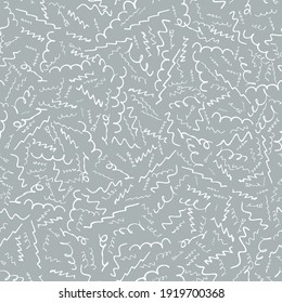 Pattern white doodles on grey, seamless for textile, fliers, brochures, wallpapers