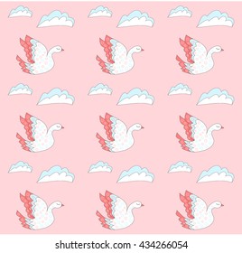 Pattern with white doves with flowers in the pink sky. Vector illustration. 