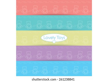 The pattern with white embroidered cats and hearts drawn on a multicolor background