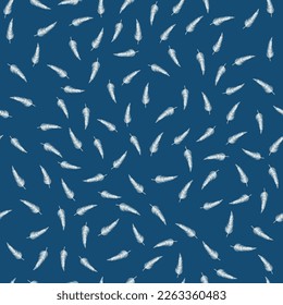 Pattern of white feathers. Bird Nibs fall on a blue background. Light flight of fluff. Softness. Seamless pattern.