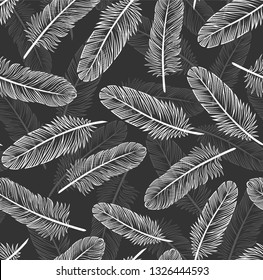 Pattern with white feathers on a black background. Suitable for curtains, wallpaper, fabrics, wrapping paper.