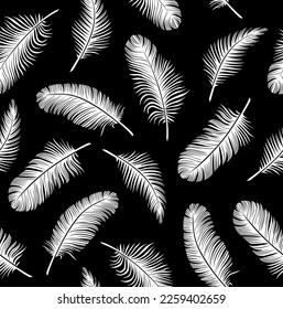 Pattern with white feathers on a black background. Suitable for curtains, wallpaper, fabrics, wrapping paper.