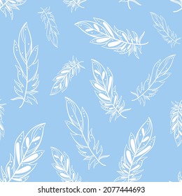 Pattern with white feathers on a gentle blue background. Seamless pattern with soaring bird feathers. Delicate template for wallpaper, fabric, packaging and design.