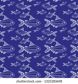 Pattern with white fish line on a blue background, stock vector illustration for design and decor, prints, fabrics, wrapping paper, nautical theme, summer, eco
