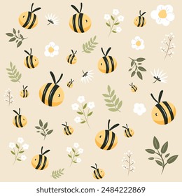 Pattern with white flower and bee cartoon on light background. Bee cartoons and white flower vector illustration. Kids illustration