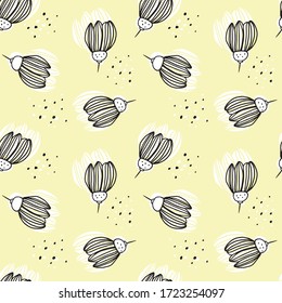 pattern, white flower buds and black contour closed flowers on a yellow background, white and black spots and dots, for design of paper, wallpaper, textile, vector illustration
