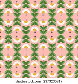 Patrón de flores blancas con hojas verdes sobre fondo rosado. 