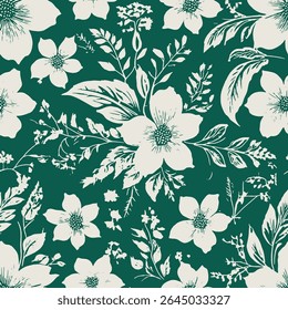 padrão de flores brancas, folhas e ramos graciosos em um fundo verde rico e profundo. Cada forma de flor tem detalhes diferentes; alguns com muitas pétalas e plenitude,