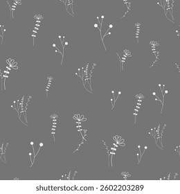 Pattern with white flowers on a gray background, minimalistic stylish pattern, space for text and copy. Vector drawing on a dark background with white flowers and spring plant twigs, minimalism