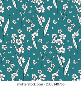 Patrón con flores blancas sobre un fondo turquesa. Ilustración vectorial. Para impresiones, embalajes, tejidos, volantes, cubiertas, diseño de diversos productos.