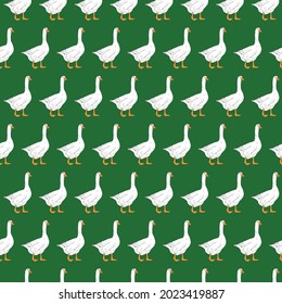 Pattern with white geese on a green background. Domestic animals. Can be used as a background.