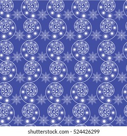 Pattern of white graphics of snowflakes and waves on blue background. Vector Illustrator