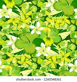 Pattern in white, green and yellow colors with tropic summertime motif may be used as texture, wrapping paper, textile design. Vector of tropical hibiscus flowers, dense jungle. Hand painted.