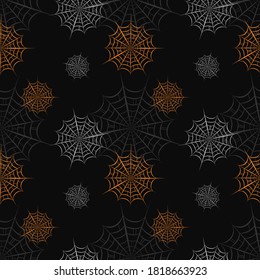 Pattern with white, grey and orange spider web on black background. Helloween. For parties, decor, postcards, prints, social networks, banner, packaging, sketchbooking, clothes, wallpaper fabric