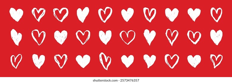 Pattern of white hearts on a red background. Repeated hearts create a romantic, love-themed design. Perfect for Valentine's Day or love-themed projects. Cute hand drawn Valentine's Day vector set.